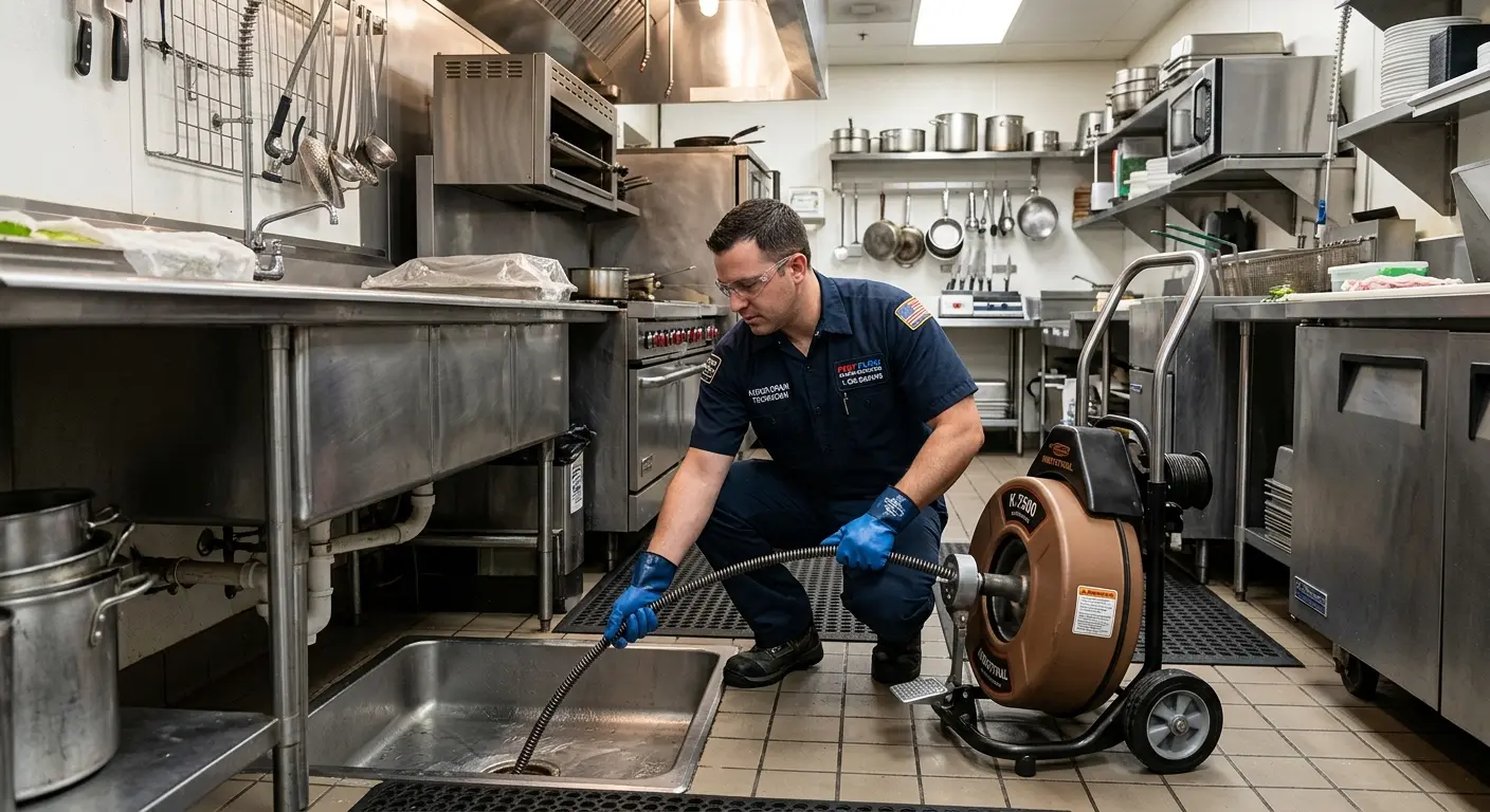 Commercial drain cleaning service in a restaurant kitchen in Ross