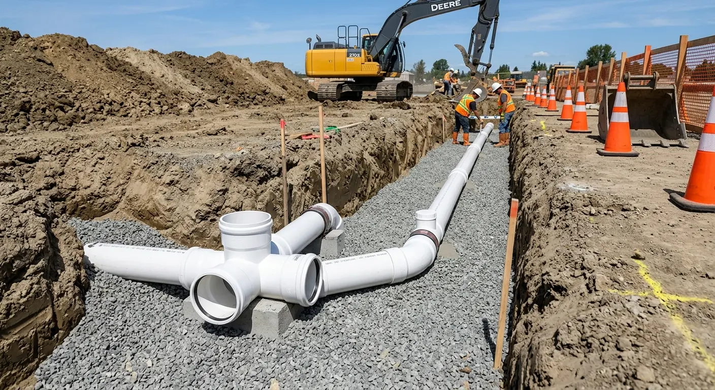 New PVC sewer pipe installation in open trench for Commercial Drain Cleaning in Ross