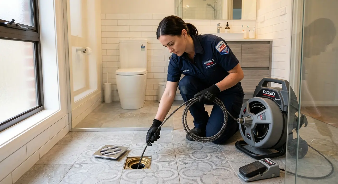 Technician clearing a bathroom floor drain for Clogged Drain Repair in Ross